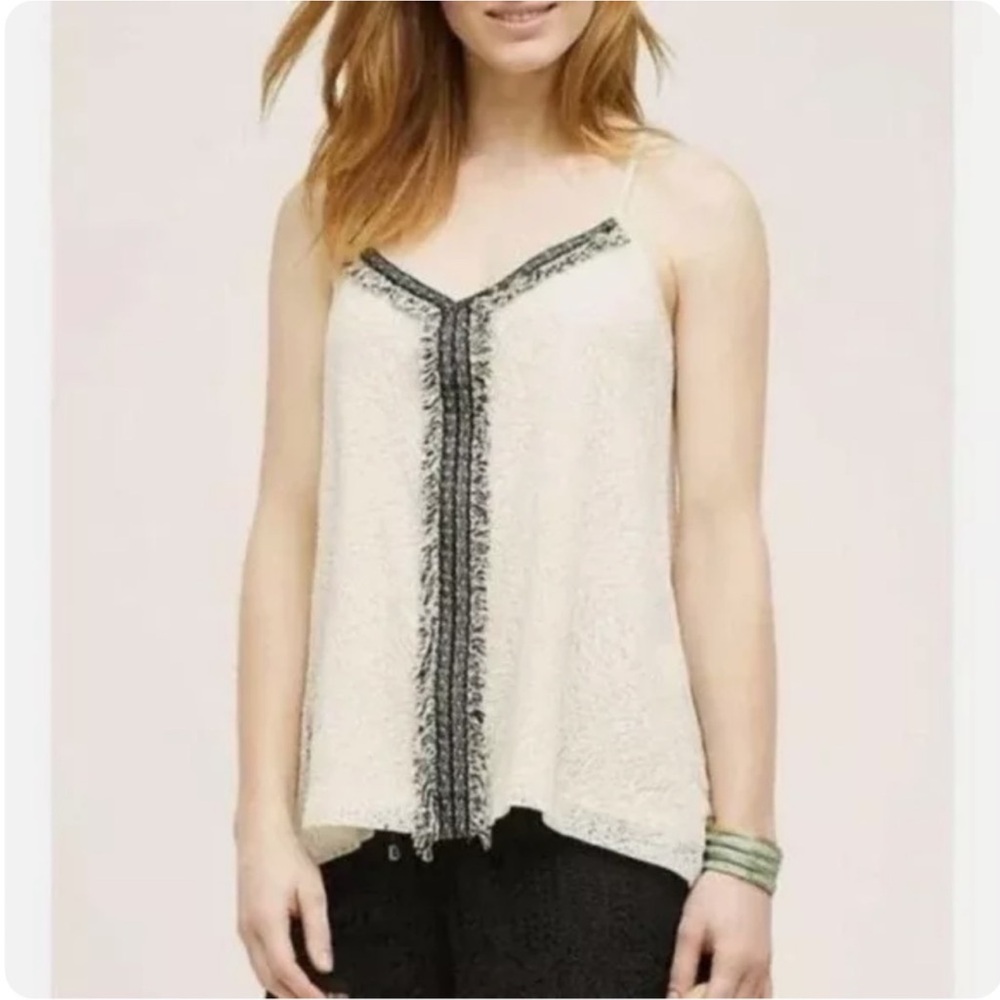 Anthropologie | Akemi + Kin Crossroads Cream Lace Black Fringe Tank Top Size M